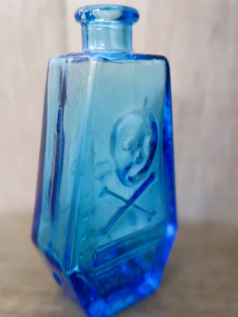 Vintage Cobalt Blue Embossed Glass Bottle "Use With Care" Patented Portrait 3in - Picture 10 of 11